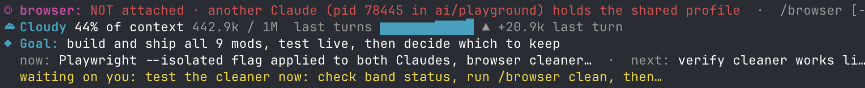 browser-lanes line in red: browser NOT attached, another Claude holds the shared profile, above token-weather and where-am-i
