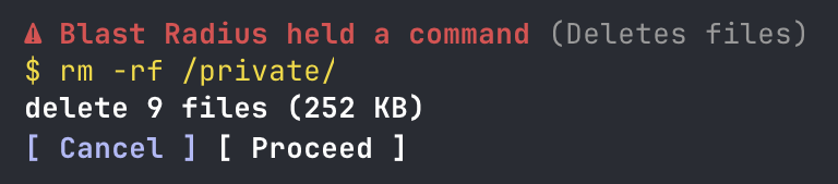 blast-radius held a command: rm -rf would delete 9 files (252 KB), with Cancel and Proceed buttons