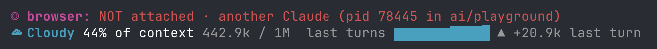 Two lines above the prompt: browser-lanes says the browser is not attached, token-weather says Cloudy, 44% of context