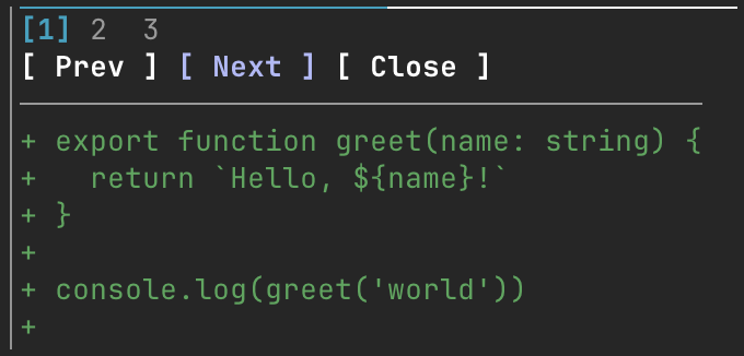 replay-theater on step 1 of 3, with Prev, Next and Close buttons and a diff that adds a greet function