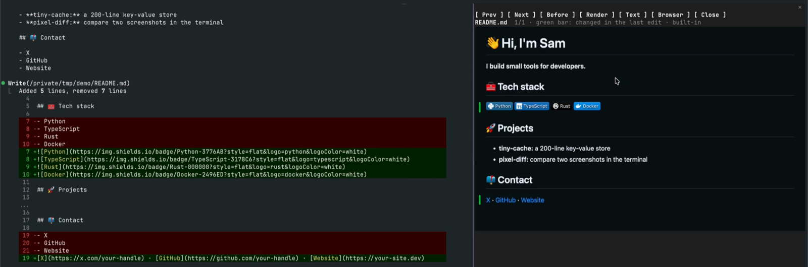 md-preview: Claude's Markdown diff on the left, the README rendered like GitHub on the right, with a green bar on the changed blocks