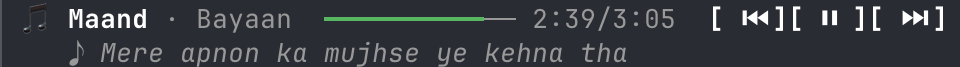 now-playing: the track and artist, a green progress bar at 2:39 of 3:05, previous, pause and next buttons, and the lyric line below